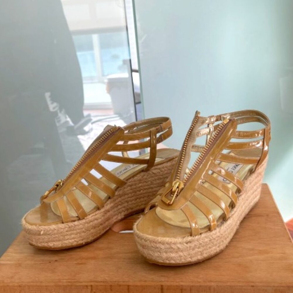 Jimmy Choo Patent Gold Gladiator Espadrille Wedge Sandals | Size 39
